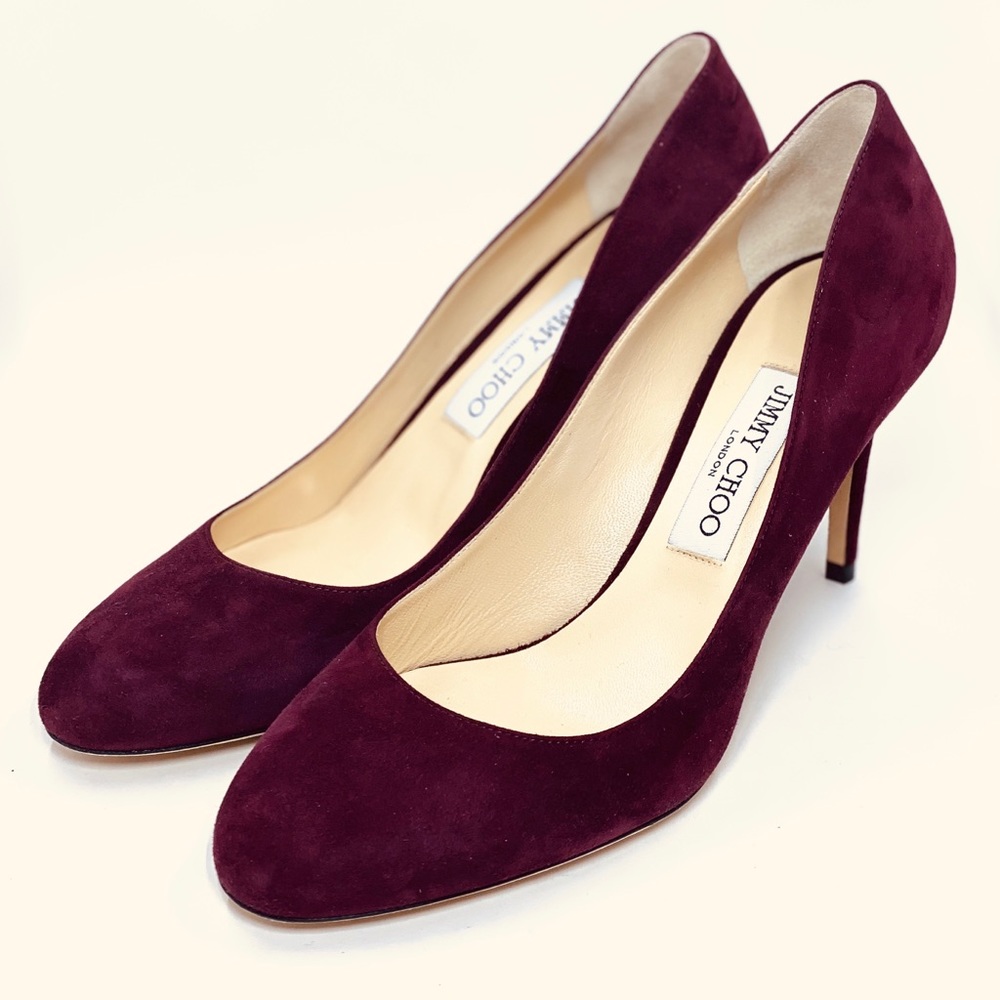 Jimmy Choo Suede Burgundy Round Toe Pump.